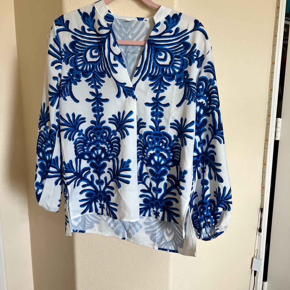 White and blue floral print blouse